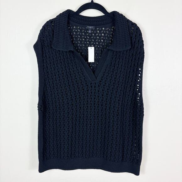 Talbots Black Lightweight Cotton Open Stitch Johnny Collar Sweater Vest - Picture 2 of 10